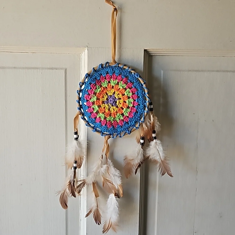 Hand Crafted crochet dreamcatcher multicolored floral eclectic textile decor